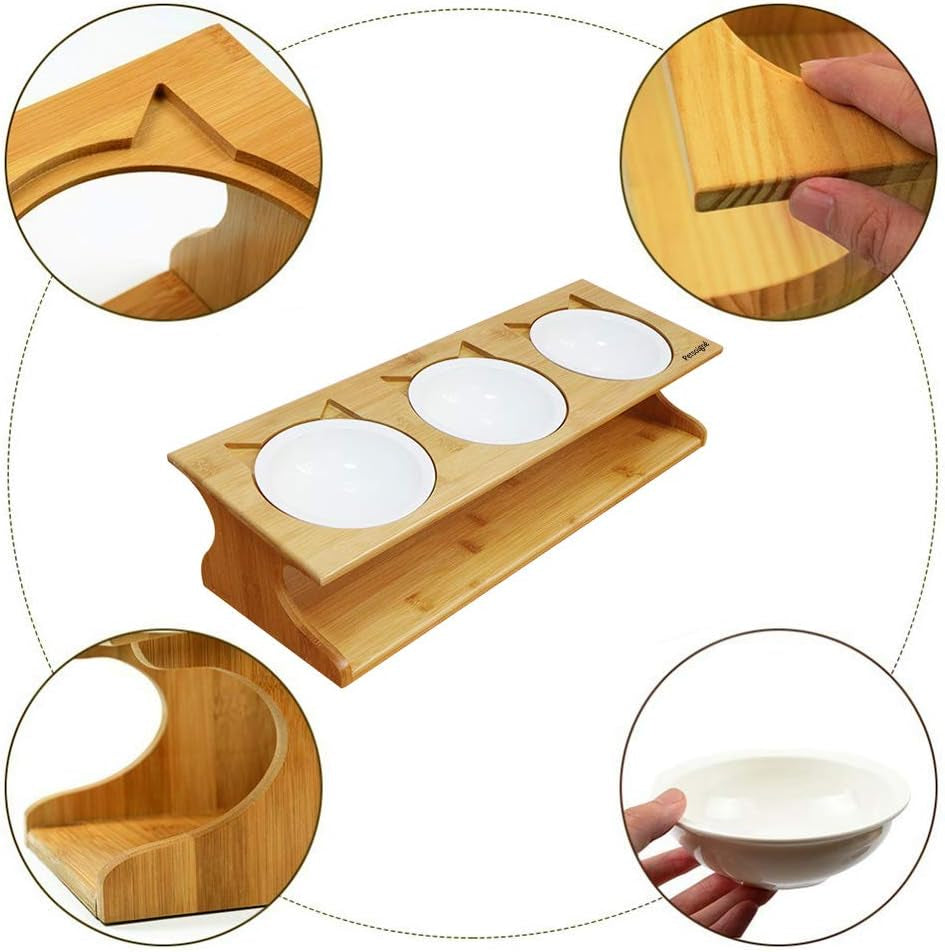 Cat Bowls Pet Dining Table with Raised Slope Wooden Stand Elevated Pet Bowls with Oblique Stand for Cats, Dogs, Kitten and Puppy (3 Bowls, Ceramics)